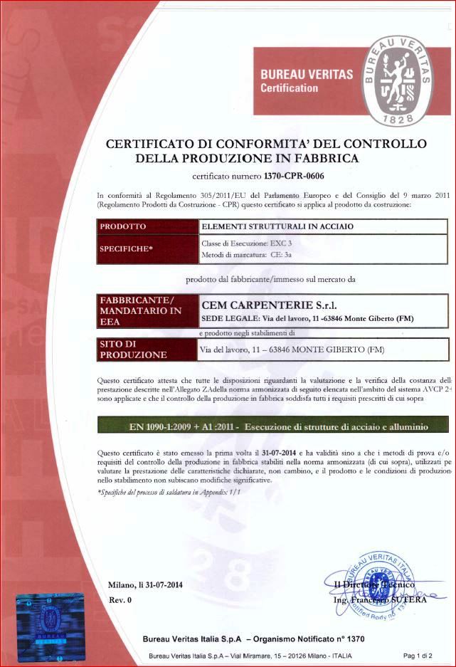 certificato di conformità del controllo della produzione in fabbrica