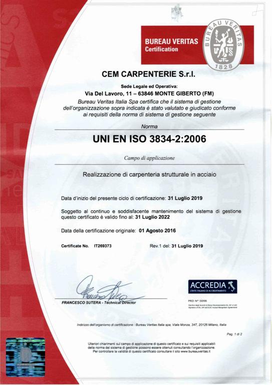 Cem Carpenterie Certificato UNI EN ISO 3834-2:2006-fronte